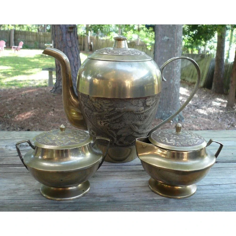 Vintage Oriental Brass 3 Piece Dragon Tea Set Teapot Creamer Sugar Bowl
